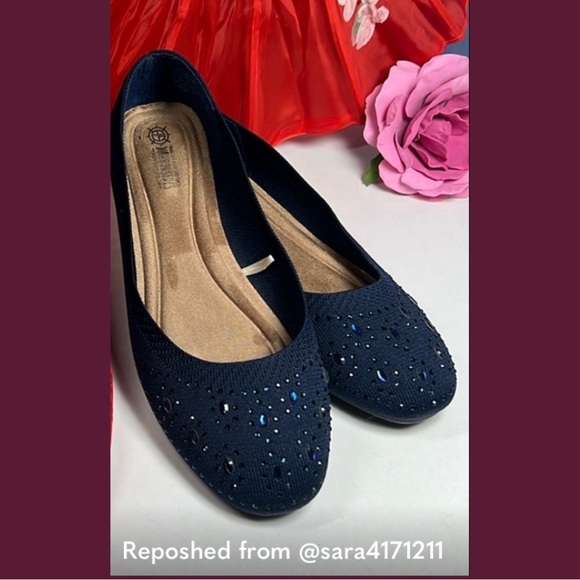 HARBORSIDES Narcisa Navy Blue Crystal Gem Knit Ballet Flat Shoes 10W WIDE - Picture 2 of 16